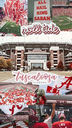 collage of images from the inside of a stadium with people in red and white uniforms