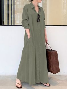 Original Solid Color Lapel Shirt Dress GREEN-3XL Sundress Casual, Mode Kimono, Spring Dresses Women, Salwar Kamiz, Collared Shirt Dress, Maxi Shirts, Cotton Linen Dresses, Long Sleeve Casual Dress, Long Dress Casual