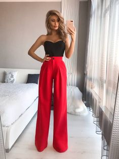 Fabric: High-quality suiting fabric 65% Cotton, 35% Polyester Palazzo style pants High rise Inner seam length: 95cm/ 37.5 in Red Pants Outfit, Red And Black Outfits, Red Trousers, Valentines Outfits, Valentine's Day Outfit, Red Pants, Red Outfit, Mode Inspo, Professional Outfits