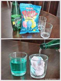 two pictures showing the process of making ice cream in glasses and an empty bottle being poured into them