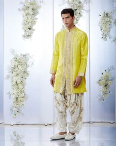 Corn Yellow Kurta Set | Seema Gujral | Panache by Sharmeen Gota Patti Embroidery, Blue Sherwani, Seema Gujral, Light Blue Blazer, Gota Patti Work, Salwar Pants, Yellow Kurta, Diwali Outfits, Teal And Grey