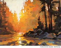 an oil painting of trees and water at sunset