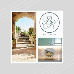 the logo for b & k designs is shown above an image of stairs and flowers