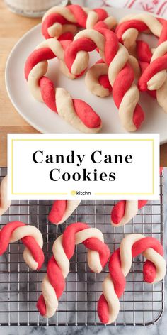 red and white candy cane cookies on a cooling rack with text overlay that reads, candy cane cookies