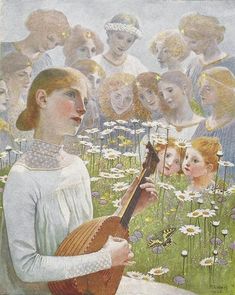 a painting of a woman holding a lute surrounded by other women and daisies