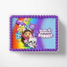 a birthday cake with an image of dora the cat and other cartoon characters on it