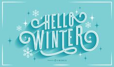 hello winter lettering with snowflakes and stars on a blue background for christmas cards