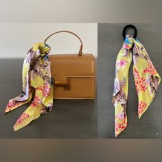 This Is A Bright Yellow & Pink Floral Scarf On An Elastic Tie. The Scarf Can Be Detached And Used As A Purse Scarf. - Scarf Measures: 18" X 18" - Satin Look - Soft Hair Tie - Scarf Can Be Tied To A Purse To Add Visual Interest Or A Pop Of Color Purse Available In Boutique! From A Smoke-Free, Pet-Free Home. Spring Yellow Bags For Gifts, Spring Yellow Flower-shaped Bag, Yellow Flower-shaped Spring Bag, Versatile Yellow Summer Bag, Versatile Yellow Bags For Summer, Versatile Yellow Bag For Summer, Yellow Floral Print Bags For Daily Use, Yellow Floral Print Bag For Daily Use, Yellow Floral Print Travel Bag