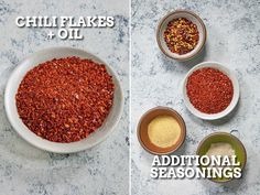 three bowls filled with chili flakes and seasonings on top of a marble counter