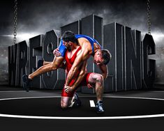 two men in red and blue wrestling uniforms on a black background with the words ring