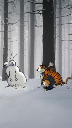 two cartoon characters are in the snow near trees and one is looking at another character