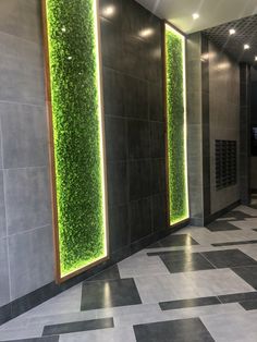 a hallway with tiled floors and green plants on the wall