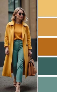 Professional Outfits Women Colorful, Color Block Palette, Jewel Tone Fashion, Purple And Green Outfit, Coordinates Outfits, Yellow Coat