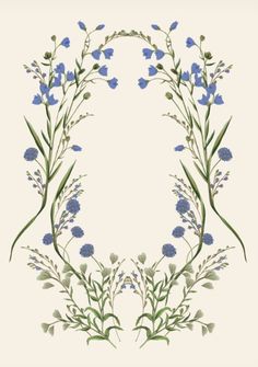 blue flowers and green leaves are arranged in the shape of a circle