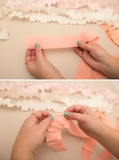 two photos of someone cutting paper with scissors and tape on the edge of each piece