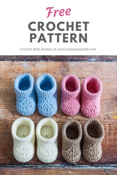 four crochet baby booties with the text, free crochet pattern