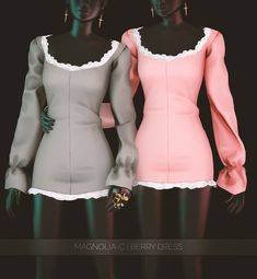 two female mannequins with long sleeves and bows on their heads, one in pink and the other in grey