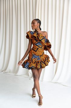 African Ruffle Sleeve Dress, African Pleated Dress, Nigerian Puff Sleeve Dress, One Arm Cross The Shoulder Puffy Sleeve African Dress, African Mini Dress, Midi African Dress, Pleated Ankara Dress, African Styles Dresses, African Print Mini Dress