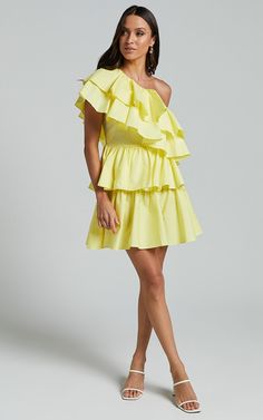 Flora Mini Dress - One Shoulder Tiered Dress in Sun Yellow | Showpo USA Spring One Shoulder Mini Dress With Ruffles, Chic One Shoulder Ruffled Dress For Spring, One-shoulder Mini Dress With Ruffle Hem For Brunch, Chic One-shoulder Ruffle Dress For Spring, Chic One Shoulder Dress With Ruffles For Spring, Spring Brunch One Shoulder Dress With Ruffles, Spring One Shoulder Dress With Ruffles For Brunch, Chic One Shoulder Ruffled Dress For Summer, Spring Mini One-shoulder Dress With Ruffles