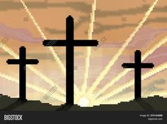 three crosses in front of a sunset with the sun shining behind them and fireworks coming out