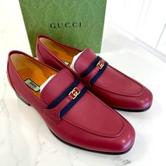 Brand New In Box. 100% Authentic Gucci Olimpia Leather Moccasin Size 10.5 Uk Fits Us Size 11 Style717028 Aaae 6644 Color- Red Stunning Buttery Soft Leather In Deep Red With Navy Web Detail And Gold Gg Across The Top. Solid Wood Sole Comes Exactly As Shown In Photos. Includes Box, Dustbags And Papers. Gucci Leather Shoes For Formal Occasions, Gucci Leather Dress Shoes For Galas, Luxury Gucci Dress Shoes For Formal Occasions, Luxury Gucci Formal Dress Shoes, Gucci Luxury Leather Dress Shoes, Designer Business Loafers With Leather Lining, Red Calf Leather Formal Loafers, Red Calf Leather Loafers For Formal Occasions, Luxury Gucci Leather Dress Shoes