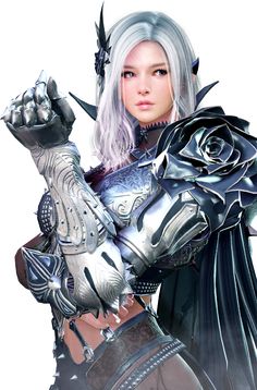 an image of a woman with silver hair and armor holding her hands up in the air