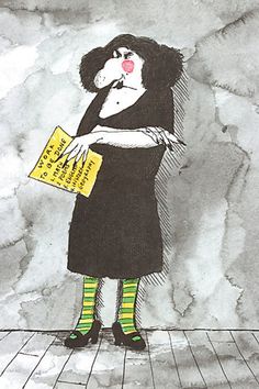 a drawing of a woman in black dress and green socks holding a yellow piece of paper