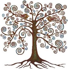 a tree with swirly branches and birds on it