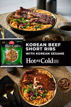 korean beef short ribes with korean sesame hot and cold noodles are on the table