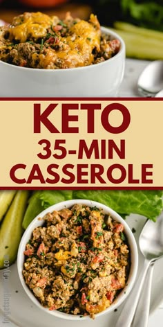 keto 35 - min casserole in a white bowl with the title above it