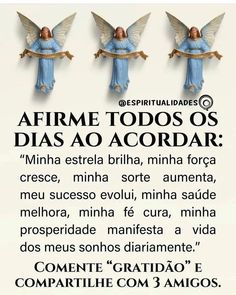 three angel figurines with the words afrime todos o dias aoordar