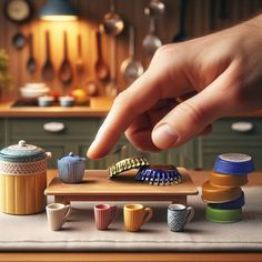 a person reaching for some food on top of a wooden cutting board next to cups and spoons