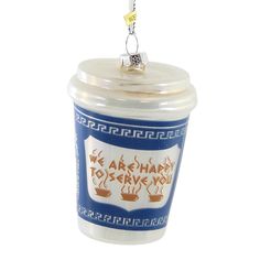 a blue and white ceramic jar ornament with the words we are happy to serve you