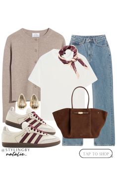 Knit cardigan, white T-shirt, high straight jeans, adidas samba trainers,satin scarf, suede tote bag & gold earrings. Autumn outfit, burgundy outfit, casual everyday outfit.  #liketkit #LTKshoes #LTKstyletip #LTKautumn #adidassamba #cardigan #knitwear #jeans #casualwomensfashion #autumnoutfit #transitionalfalllook #earlyfalloutfit #burgundy #aw24 #fw24  @shopLTK High Straight Jeans, Trainers Outfit, Burgundy Outfit, Suede Tote Bag, Fall Transition Outfits, Classic Style Outfits, Satin Scarf, Suede Tote, Transition Outfits