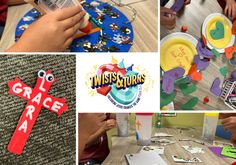 the collage shows children making crafts and crafting