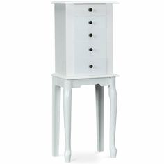 a white wooden cabinet with drawers on it's sides and two legs in the middle