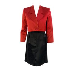 1stdibs - Andre' Laug 2 pc Red & Black Satin Skirt Suit Set, 1980's explore items from 1,700  global dealers at 1stdibs.com Red Long Sleeve Skirt Suit For Party, Red Long-sleeve Skirt Suit For Party, Fall Formal Red Skirt Suit, Vintage Red Skirt Suit For Formal Occasions, 1980 Clothes, 1940s Suit, Black Satin Skirt, Skirt And Jacket, 2 Piece Skirt