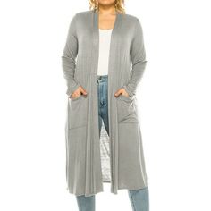 Women's Plus Size, Casual Long Open Front Drape Lightweight Duster Sweater Cardigan.Soft lightweight fabric is made from 95% Rayon and 22% Spandex Comfortable and Stylish Size Chart(Inches) / MCD01388 1XL => Shoulder: 19 / Sleeve: 25 / Length: 46 2XL => Shoulder: 19.5 / Sleeve: 25.5 / Length: 46.5 3XL => Shoulder: 20 / Sleeve: 26 / Length: 47 Color: Gray.  Gender: female.  Age Group: adult. Casual Wrap Cotton Cardigan, Casual Wrap Cardigan For Daywear, Gray Open Front Cardigan With Pockets, Long Gray Cardigan With Pockets, Moa Collection, Sweater Duster, Plus Size Casual, Front Open, Cardigans For Women