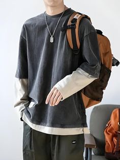 Soft Boy Layered Sleeve Sweatshirt Streetwear Sweatshirt, Soft Boy, Layered Long Sleeve, Loose Pullover, Japanese Streetwear, Sweatshirt Set, Pullover Men, Casual Streetwear