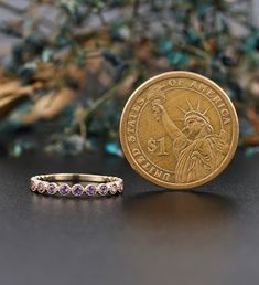 Amethyst wedding band Unique 14k yellow gold half eternity Antique Stacking ring Vintage ring Bridal Jewelry Anniversary rings for women Ruby ring: https://www.etsy.com/listing/635000521/ruby-wedding-band-unique-14k-rose-gold?ref=listings_manager_grid --------------------Specifications---------------------- Stones - 0.35-0.4ct Amethyst ---------------------DIMENSIONS---------------------- The Width of the Band - 1.6mm The Thickness of the Band - 1mm Weight of gold - 1.5g ------------------------ Half Eternity Stackable Rings, Gift Jewelry With Half Eternity, Purple Half Eternity Ring For Anniversary, Dainty Stackable Amethyst Ring For Anniversary, Birthstone Ring With Half Eternity Round Cut, Half Eternity Round Jewelry, Half Eternity Birthstone Ring Gift, Gold Stackable Amethyst Ring, Gift Round Stackable Rings With Half Eternity