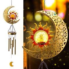 the sun and moon wind chimes are hanging from chains