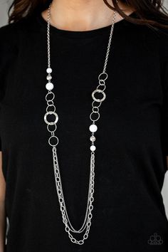 Paparazzi Accessories Jewelry, Silver Chains, Long Chain Necklace, Paparazzi Accessories, Modern Necklaces, White Necklace, Paparazzi Jewelry, Shiny Silver, White Beads