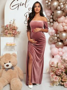 Pregnant Party Dress, Latest Maternity Dresses, Maternity Fashion Dresses, Pink Maternity Dress, Shein Maternity, Split Hem Dress, 파티 드레스