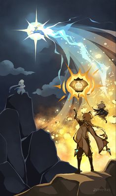 an anime character standing on top of a mountain next to a giant sun and clouds