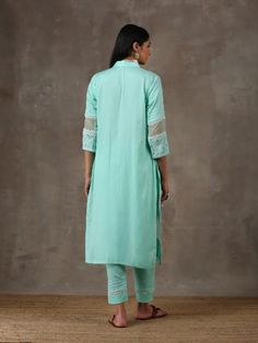 Turquoise Blue Cotton Kurta Set (Set of 2) By Label Nitika now available at Trendroots Festive Cotton Sets With Lace Trim, Festive Straight Kurta With Lace Trim, Traditional Turquoise Cotton Sets, Cotton Kurta Set, Blue Kurta, Dupatta Set, Cotton Dupatta, Cotton Kurta, Organza Dupatta