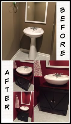 the before and after pictures of a bathroom vanity with sink, mirror, and toilet