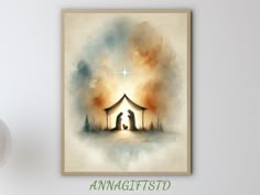 a watercolor painting of a nativity scene with the birth of jesus and baby jesus