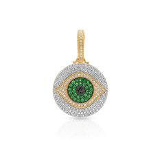 14KT Yellow Gold Diamond Tsavorite Evil Eye Charm Pendant with Diamond Clip on Bail Symbolic Green Round Pendant Jewelry, Symbolic Green Gemstone Jewelry, Green Spiritual Jewelry With Charms, Green Spiritual Jewelry With Evil Eye, Spiritual Green Jewelry With Evil Eye, Green Medallion Amulet Jewelry, Green Spiritual Charms Jewelry, Green Tsavorite Pendant Jewelry, Green Amulet Jewelry For May Birthstone