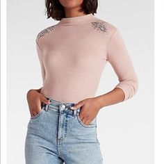 Express Embellished Shoulder Mock Neck Tee Size M Casual Embellished Fall Tops, Trendy Long Sleeve Embellished Tops, Casual Embellished Tops For Fall, Embellished Stretch Tops, Casual Long Sleeve Embellished Top, Mock Neck, Sweaters For Women, Pink, Women Shopping