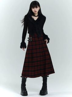 ❤side belt lock long skirt❤︎ Plaid Punk Outfit, Fits With Long Skirts, Long Tartan Skirt Outfit, Long Skirt Goth Outfit, Red Tartan Skirt Outfit, Goth Long Skirt, Goth Pose, Long Plaid Skirt Outfit, Tartan Skirt Outfit